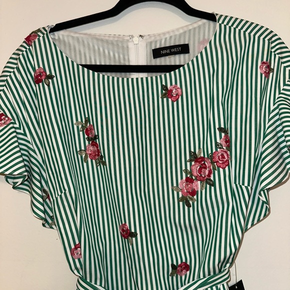 Nine West Green & Pink Striped Dress with Floral Appliqué, Ruffle Sleeve, & Belt - Picture 3 of 5